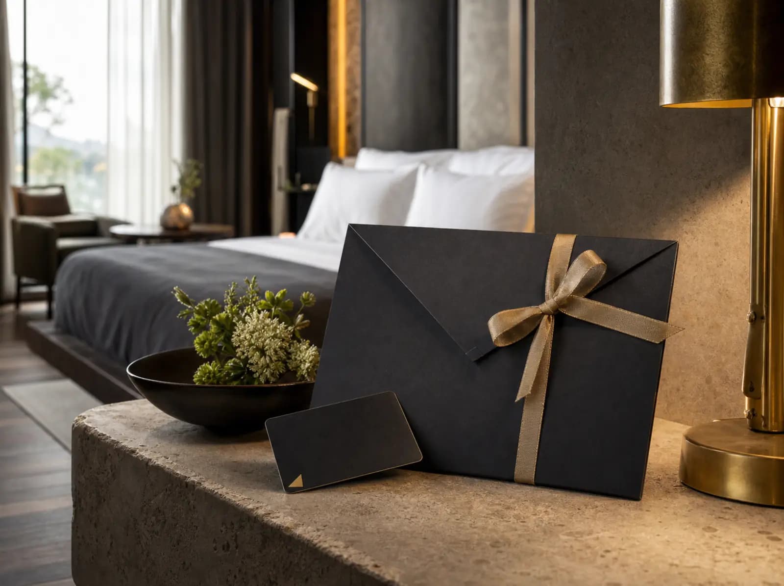 Ein hochwertig verpackter Hotelgutschein in einer modernen Boutique-Hotel-Suite