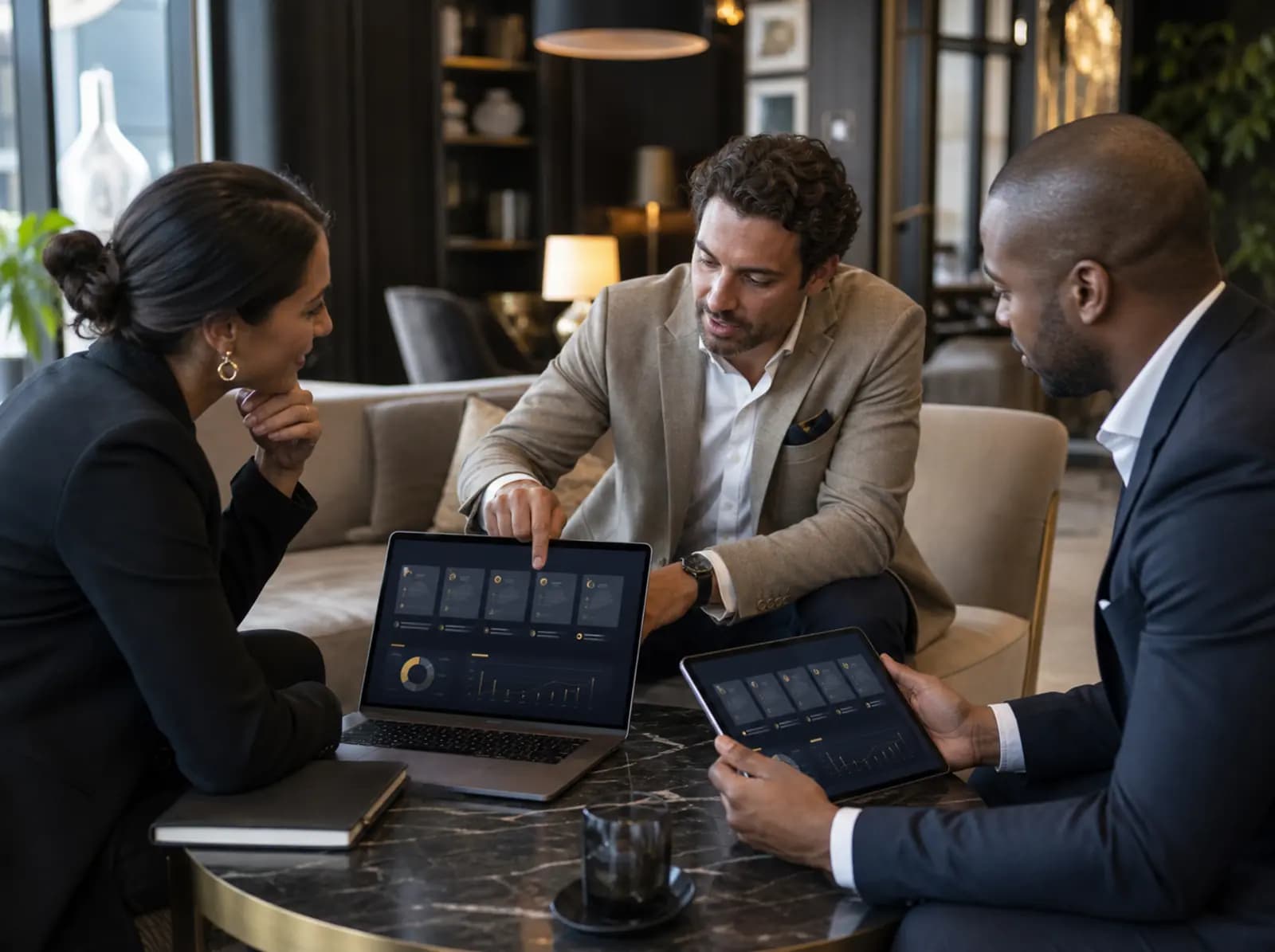 Ein Managementteam bespricht die Kennzahlen mehrerer Hotelstandorte