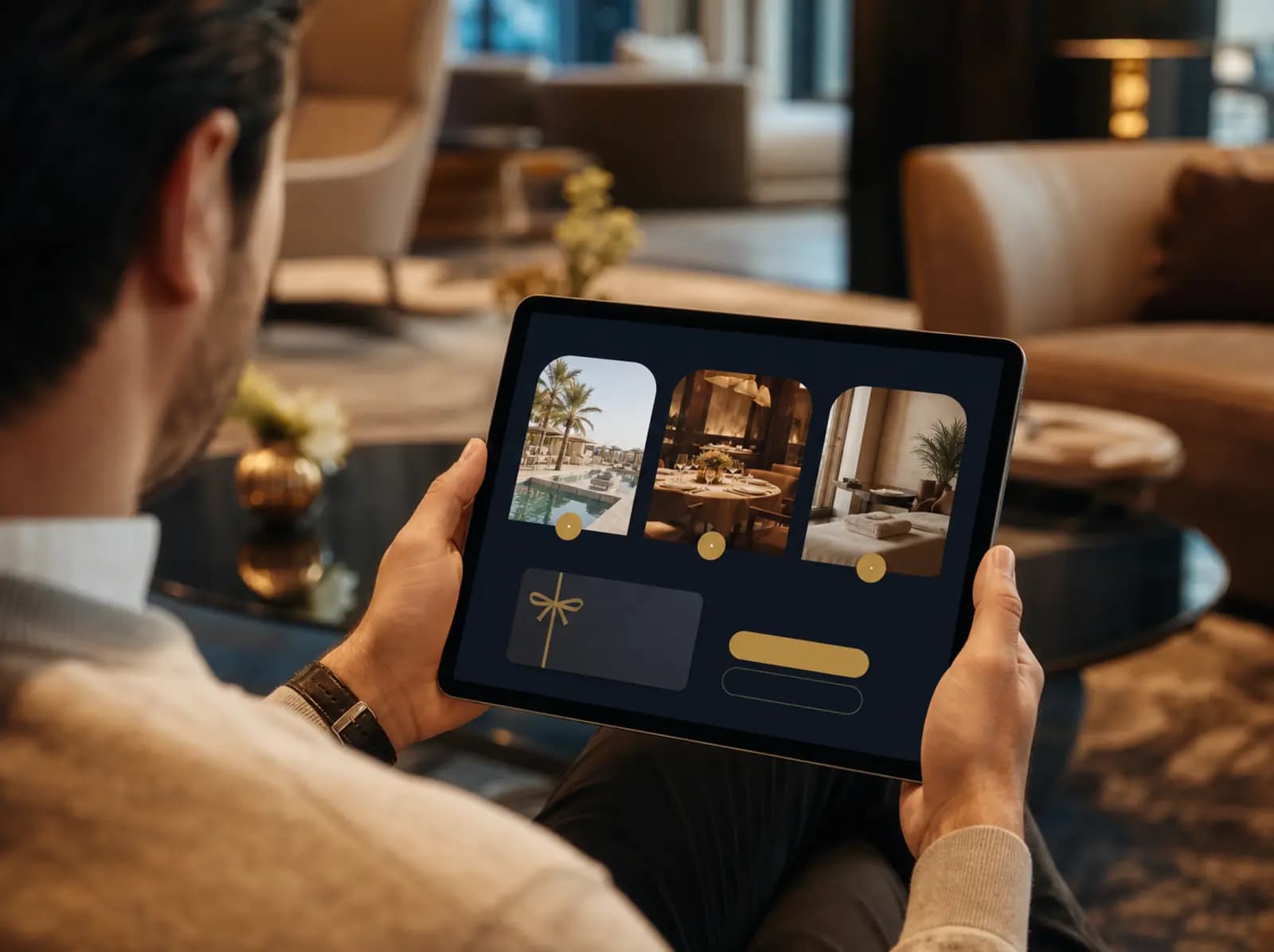 Gast betrachtet den Atacta-Demoshop mit verschiedenen Hospitality-Erlebnissen auf einem Tablet