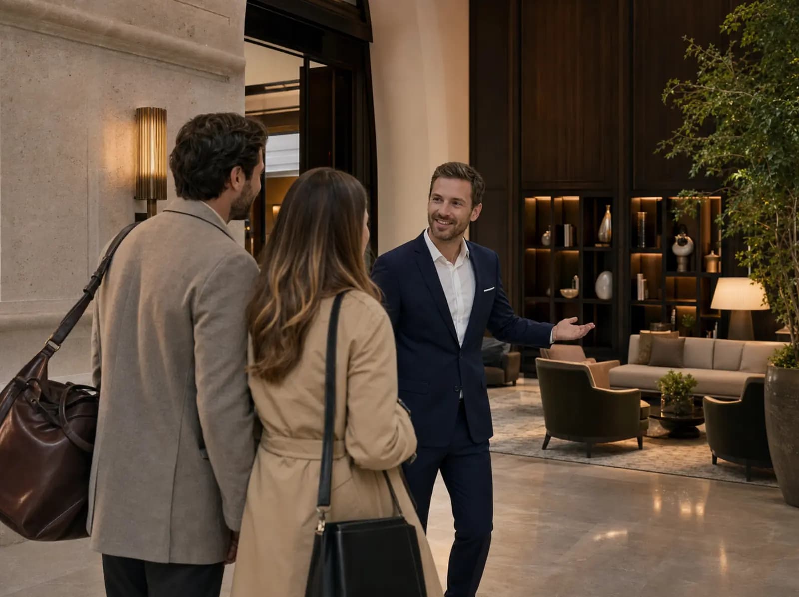 Hotelhost begrüßt Gäste in einer hochwertigen Boutique-Hotel-Lobby